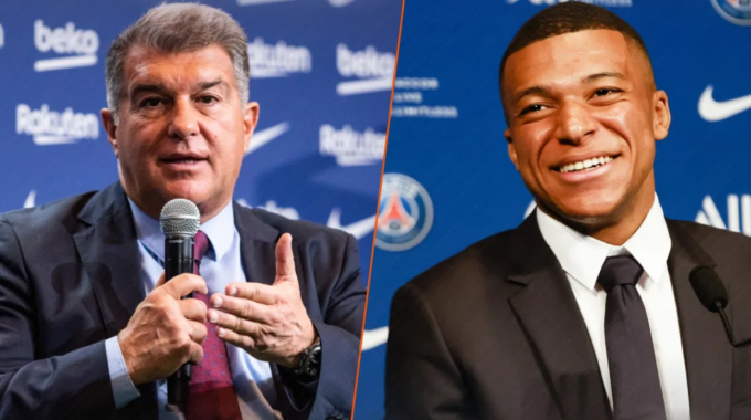 Chủ tịch Barca Joan Laporta (trái và tiền đạo Mbappe. Ảnh: 90mins