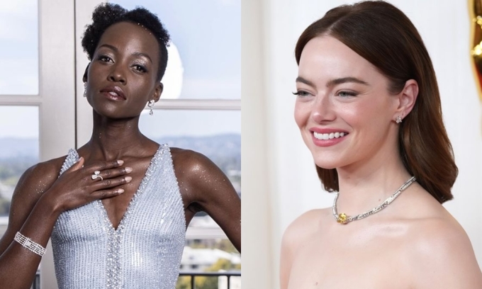 Emma Stone (phải) và Lupita Nyongo trang điểm kiểu da ngọc trai ở Oscar 2024. Ảnh: Allure