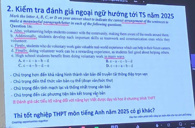 Dạng bài sắp xếp các câu để tạo thành một đoạn văn hoặc lá thư có ý nghĩa có trong đề minh họa năm 2025. Ảnh: Bình Minh