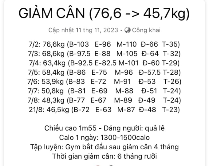 Thảo cập nhật thay đổi bản thân theo từng tháng để lấy động lực giảm cân hiệu quả hơn. Ảnh: Nhân vật cung cấp