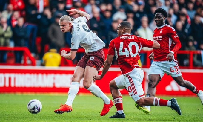 Haaland dứt điểm trong tình huống ấn định thắng lợi 2-0 cho Man City trước Forest. Ảnh: mancity.com