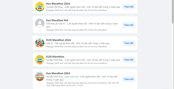 Hàng loạt fanpage giả xuất hiện khi tìm từ khóa Kun Marathon trên Facebook. Ảnh: chụp màn hình