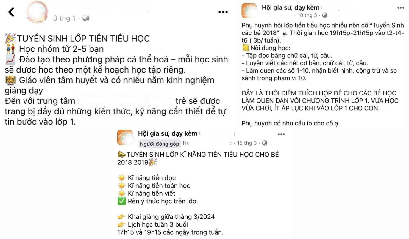 Các lớp tiền tiểu học ồ ạt tuyển sinh trên các hội nhóm. (Ảnh chụp màn hình)