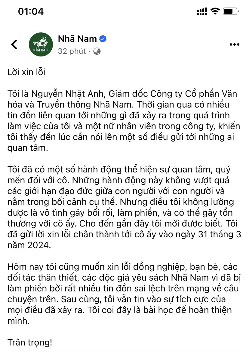 Lời xin lỗi của giám đốc Nhã Nam - Ảnh chụp màn hình