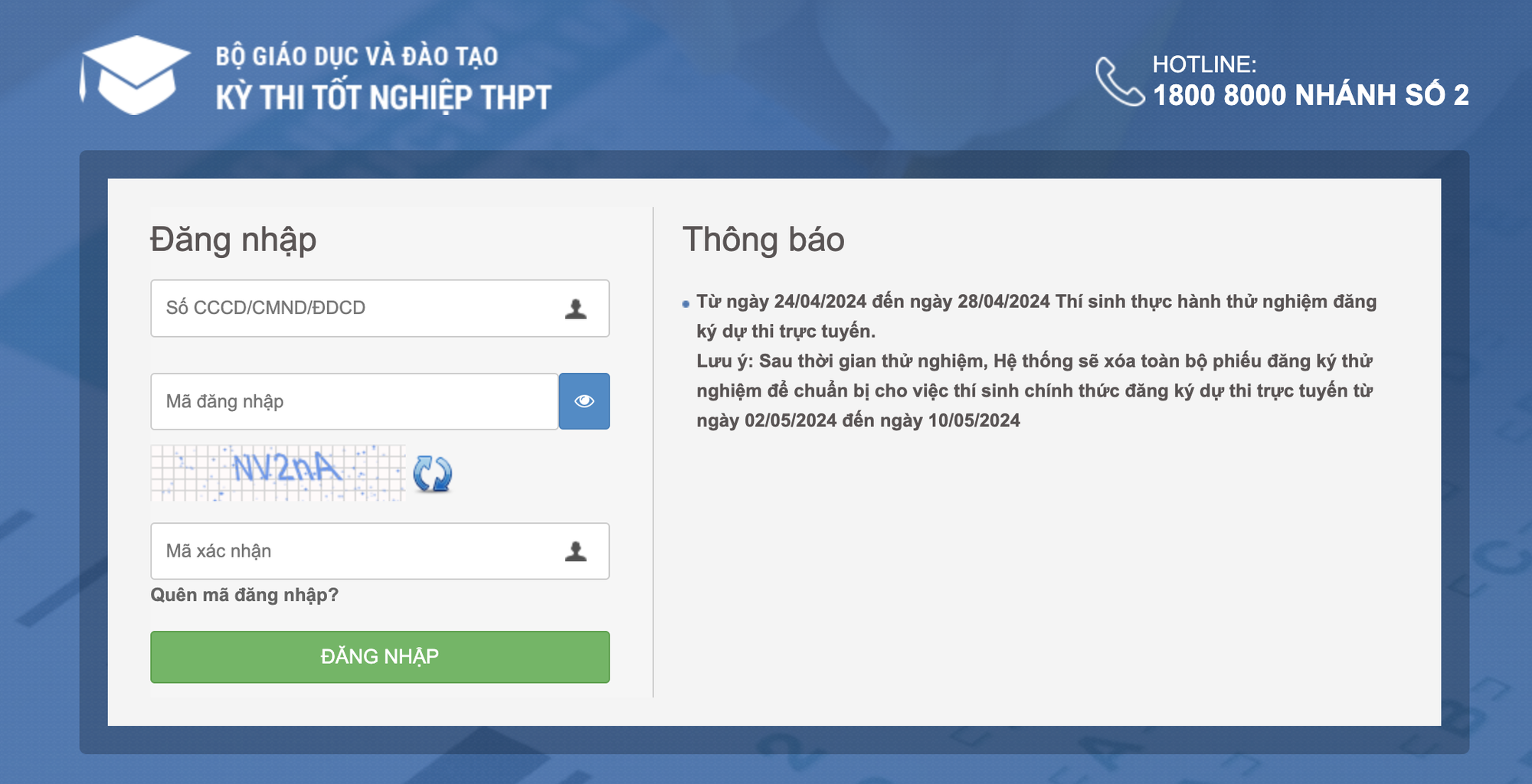 Giao diện trang đăng ký dự thi tốt nghiệp THPT 2024