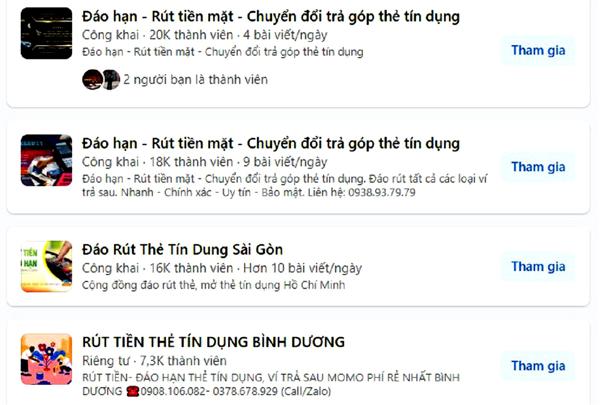 Không khó để tìm thấy các hội, nhóm cho vay đáo hạn, rút tiền mặt từ thẻ tín dụng tràn lan trên mạng hiện nay - Ảnh: C.T. chụp màn hình