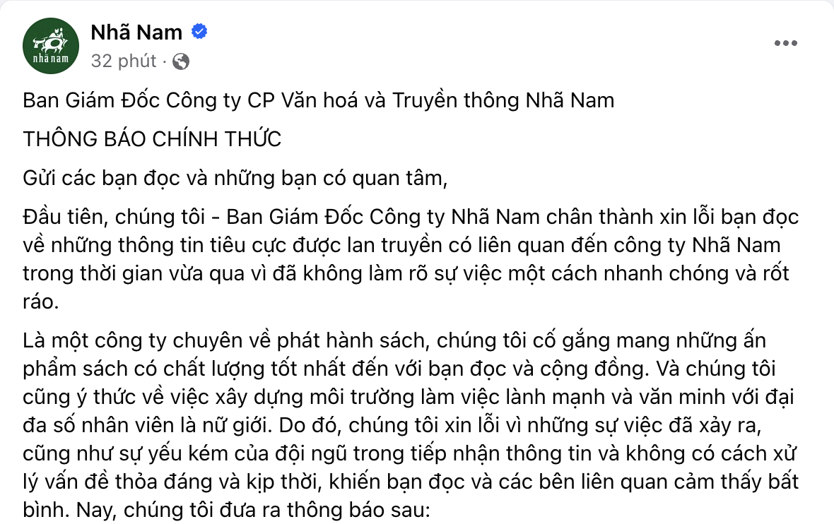 Thông báo được Nhã Nam đưa ra lúc 19h30 tối 18-4