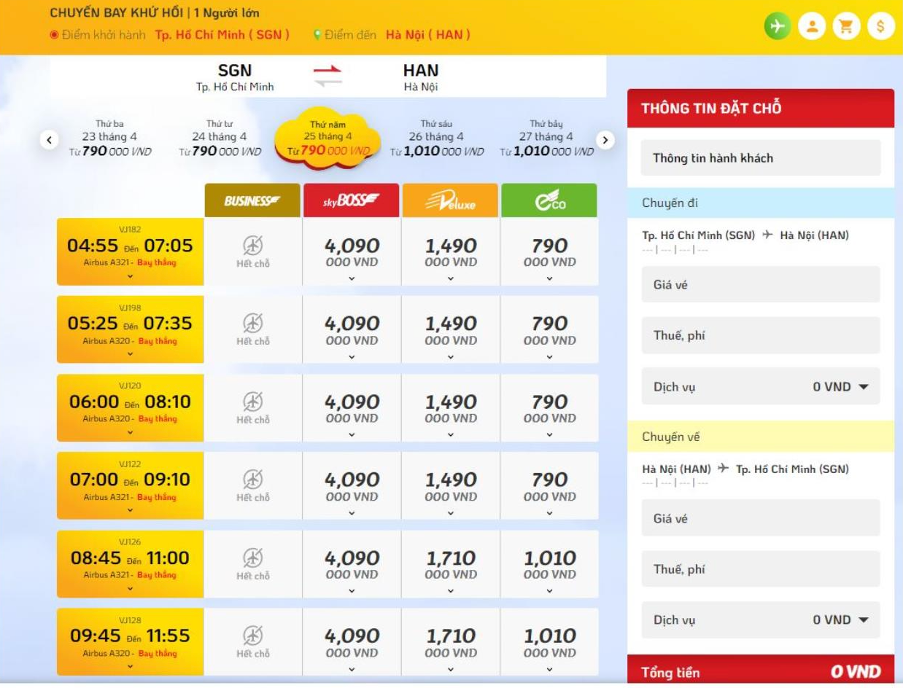 Chặng TP.HCM - Hà Nội của Vietjet từ khoảng 790.000 đồng cho hạng Eco, hãng còn có thêm các hạng vé Deluxe, Sky Boss với đa dạng mức giá và thời gian bay cho khách hàng lựa chọn