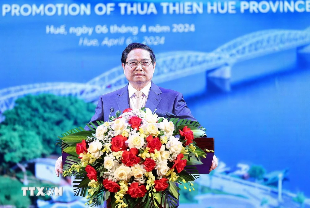 Thủ tướng Phạm Minh Chính phát biểu tại Hội nghị công bố Quy hoạch tỉnh Thừa Thiên-Huế. (Ảnh: Dương Giang/TTXVN)