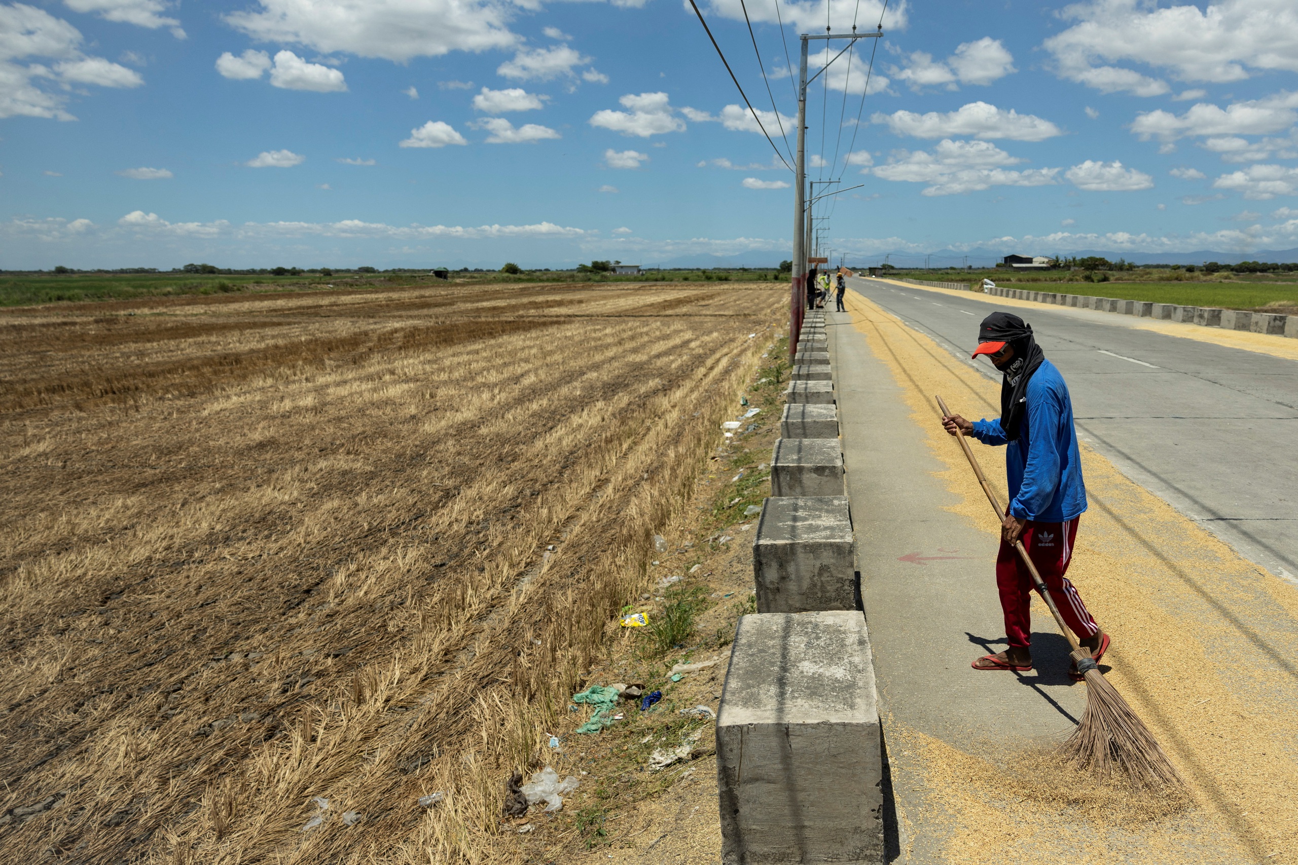 Một nông dân thu gom lúa ven đường trong ngày nắng nóng ở Candaba (Philippines) ngày 30.4.2024