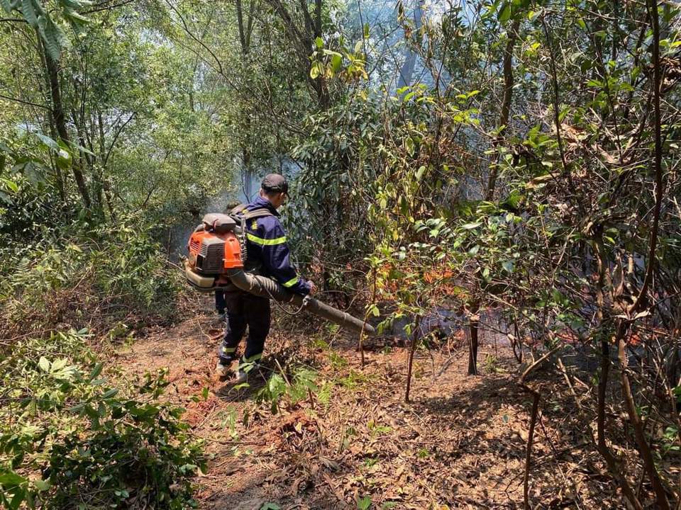 Lực lượng chữa ch&aacute;y cố gắng khống chế đ&aacute;m ch&aacute;y trong điều kiện hết sức kh&oacute; khăn, nắng gay gắt tr&ecirc;n 40&deg;C v&agrave; gi&oacute; phơn L&agrave;o quạt mạnh.&nbsp;