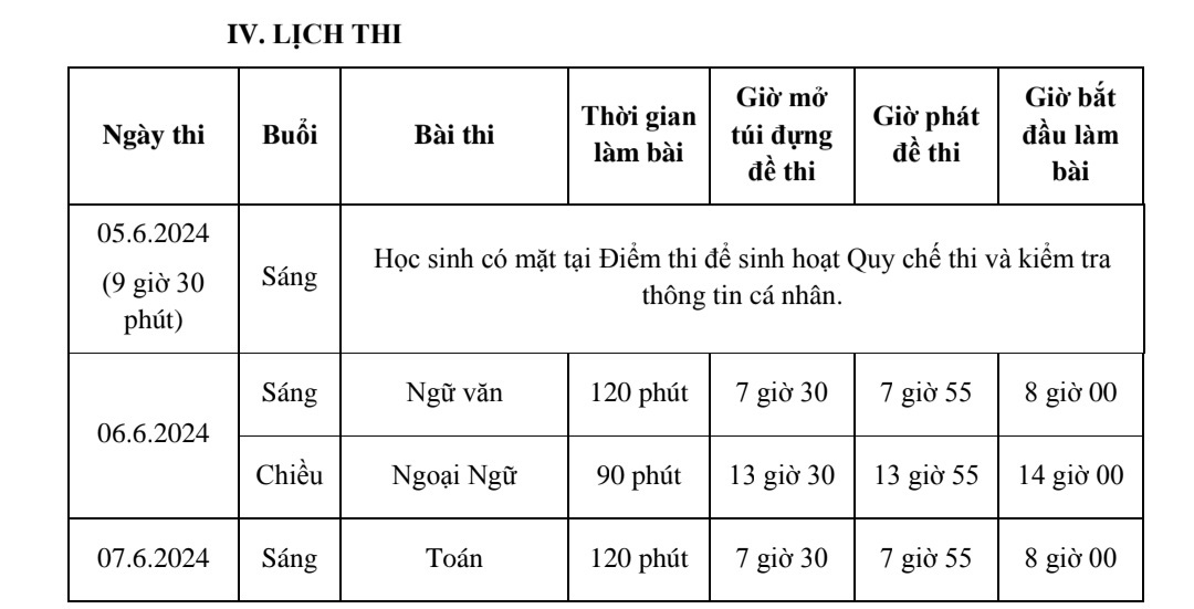 Lịch thi tuyển sinh lớp 10 năm học 2023 - 2024