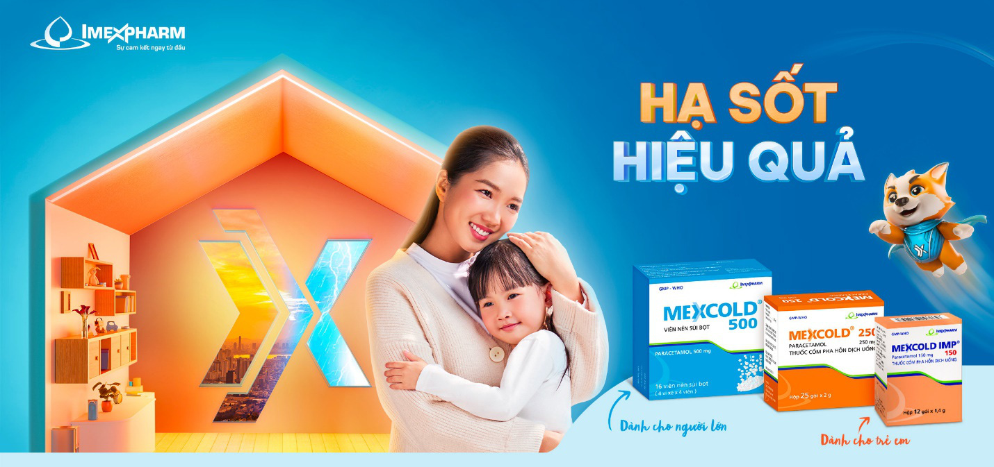 Sản phẩm hiện có viên sủi Mexcold 500 cho người lớn và cốm hòa tan Mexcold IMP 150 và 250 cho trẻ em.