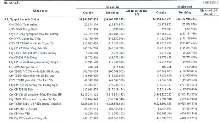 Cảng Hải Phòng trích lập dự phòng 100% cho các khoản nợ quá hạn trên 3 năm. Ảnh chụp màn hình BCTC HPH