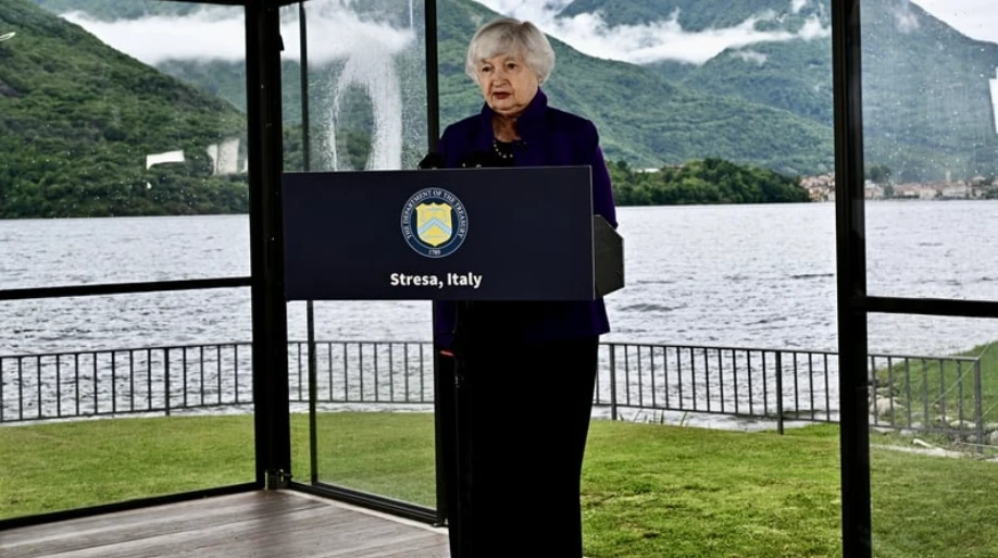 Bộ trưởng Tài chính Mỹ Janet Yellen phát biểu tại G7 ở Stresa, Italy. Ảnh: RTE