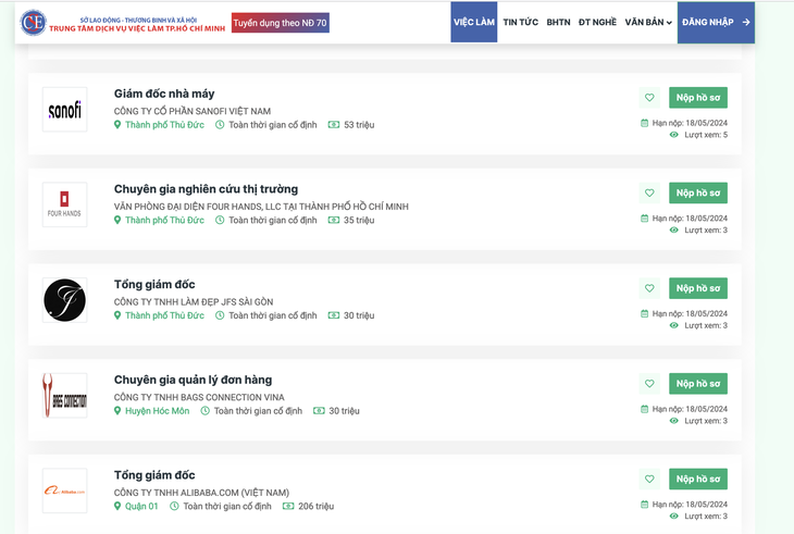 Nhiều vị trí tuyển dụng lao động chất lượng cao được đăng tải trên website của Trung tâm Dịch vụ việc làm TP.HCM - Ảnh chụp màn hình