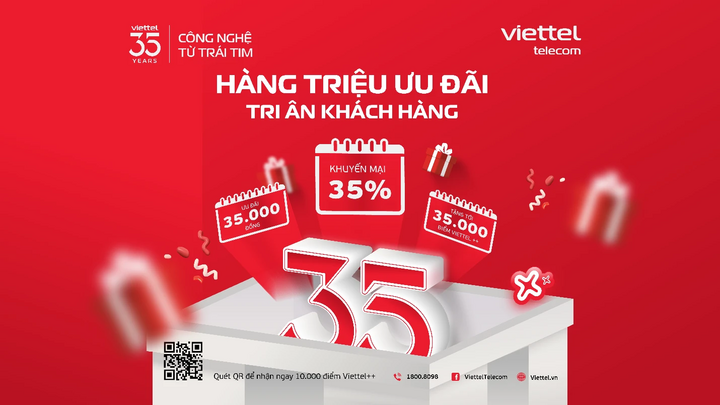 Tri ân khách hàng đồng hành cùng Viettel trong suốt 35 năm năm, Viettel mang đến nhiều chương trình ưu đãi đặc biệt.