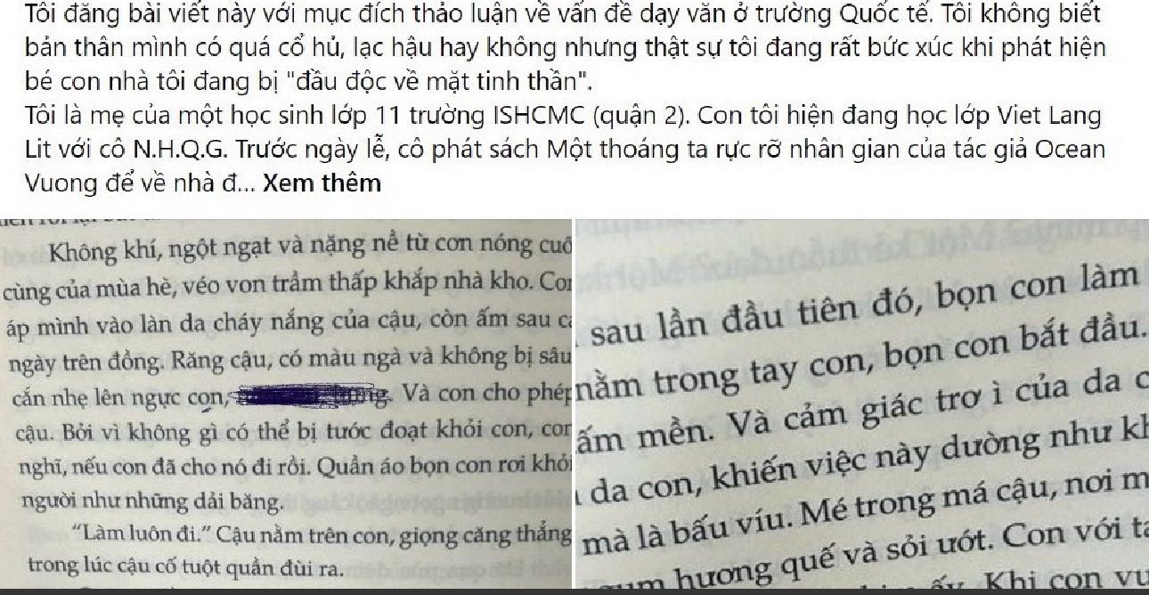 Hình ảnh thông tin phụ huynh học sinh trường quốc tế phản ánh về nội dung sách nhạy cảm trên một diễn đàn