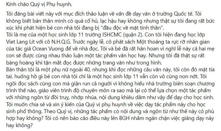 Bài đăng của phụ huynh trên mạng xã hội. (Ảnh chụp màn hình)