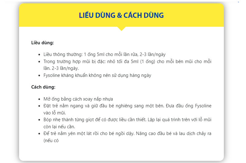 Thông tin về liều dùng và cách dùng do nhà sản xuất nhỏ mũi Fysoline vàng khuyến cáo