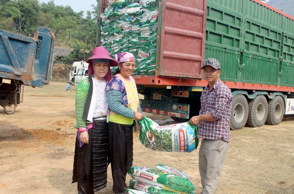 Người dân bản Xá Tự, xã Pú Nhung nhận phân bón hỗ trợ trồng mắc ca