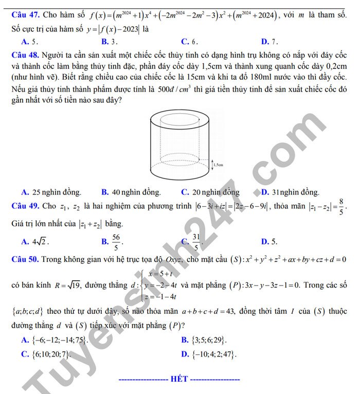 Đề thi thử tốt nghiệp THPT 2024 môn Toán có gợi ý đáp án của Hà Nội- Ảnh 6.