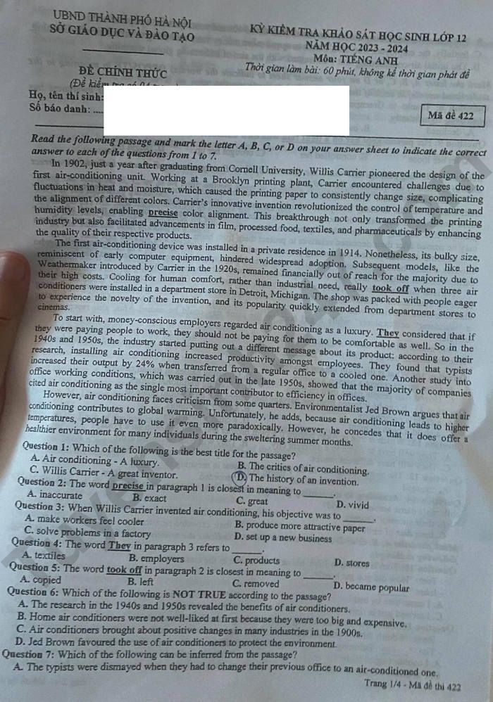 Đề thi thử tốt nghiệp THPT 2024 môn Tiếng Anh có đáp án của Hà Nội tất cả các mã đề- Ảnh 2.