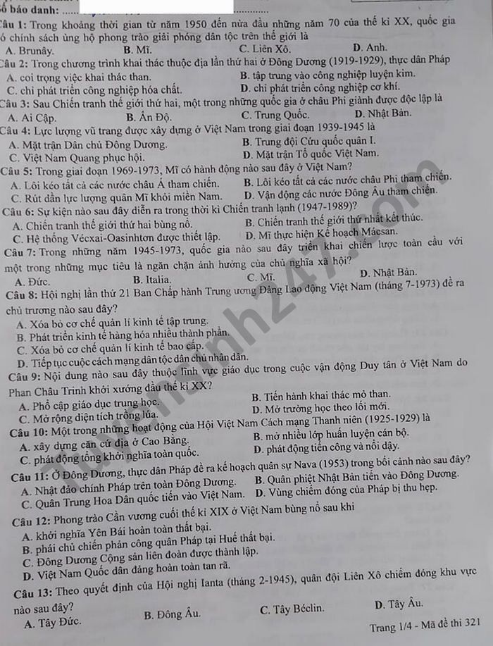 Đề thi môn Sử tốt nghiệp THPT 3 năm gần đây có đáp án- Ảnh 10.