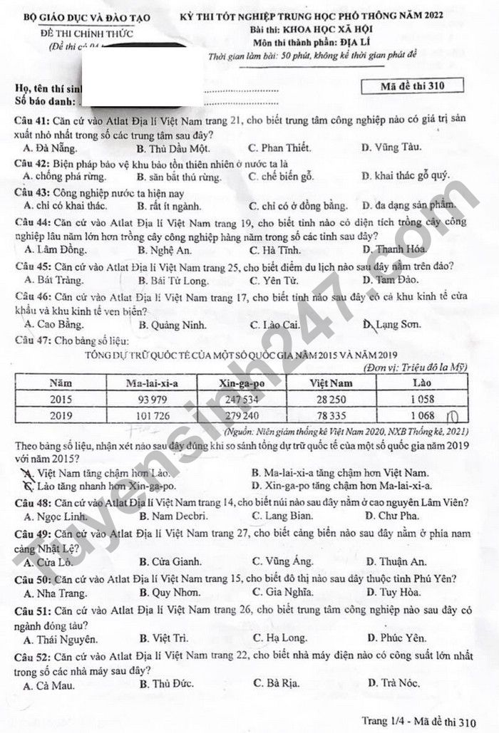 Đề thi môn Địa tốt nghiệp THPT 3 năm gần đây có đáp án tất cả các mã đề- Ảnh 6.