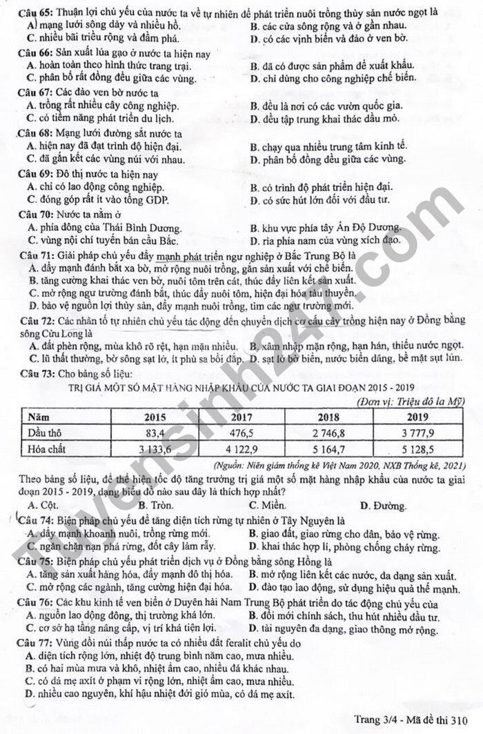 Đề thi môn Địa tốt nghiệp THPT 3 năm gần đây có đáp án tất cả các mã đề- Ảnh 8.