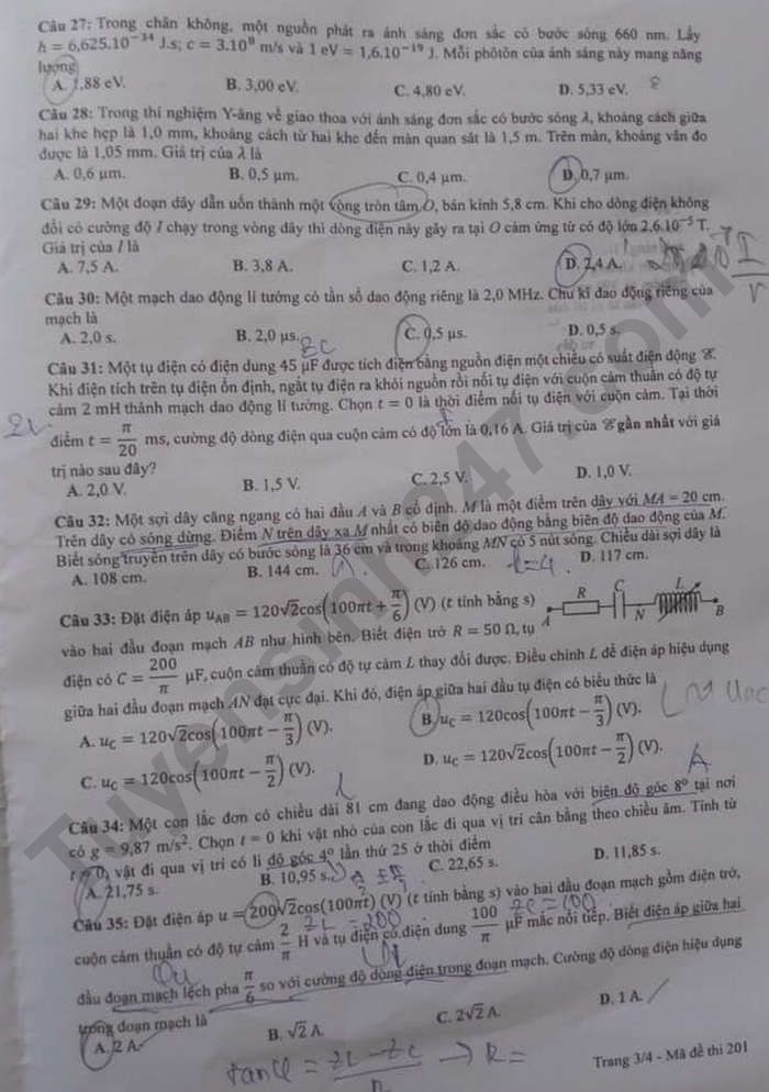 Đề thi môn Vật lý tốt nghiệp THPT 3 năm gần đây có đáp án full mã đề - Ảnh 3.