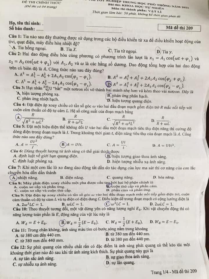 Đề thi môn Vật lý tốt nghiệp THPT 3 năm gần đây có đáp án full mã đề - Ảnh 11.