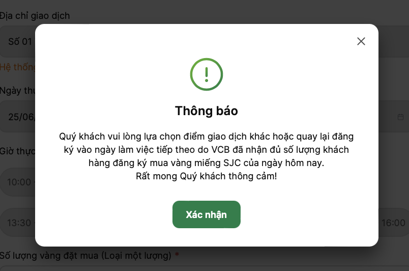 Vietcombank thông báo “đủ số lượng khách“. 