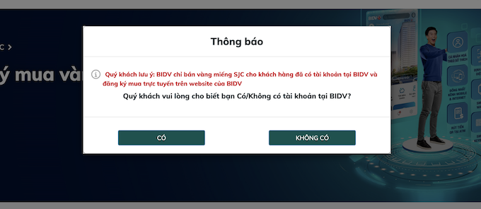 BIDV yêu cầu người đăng ký mua vàng cần có tài khoản. 
