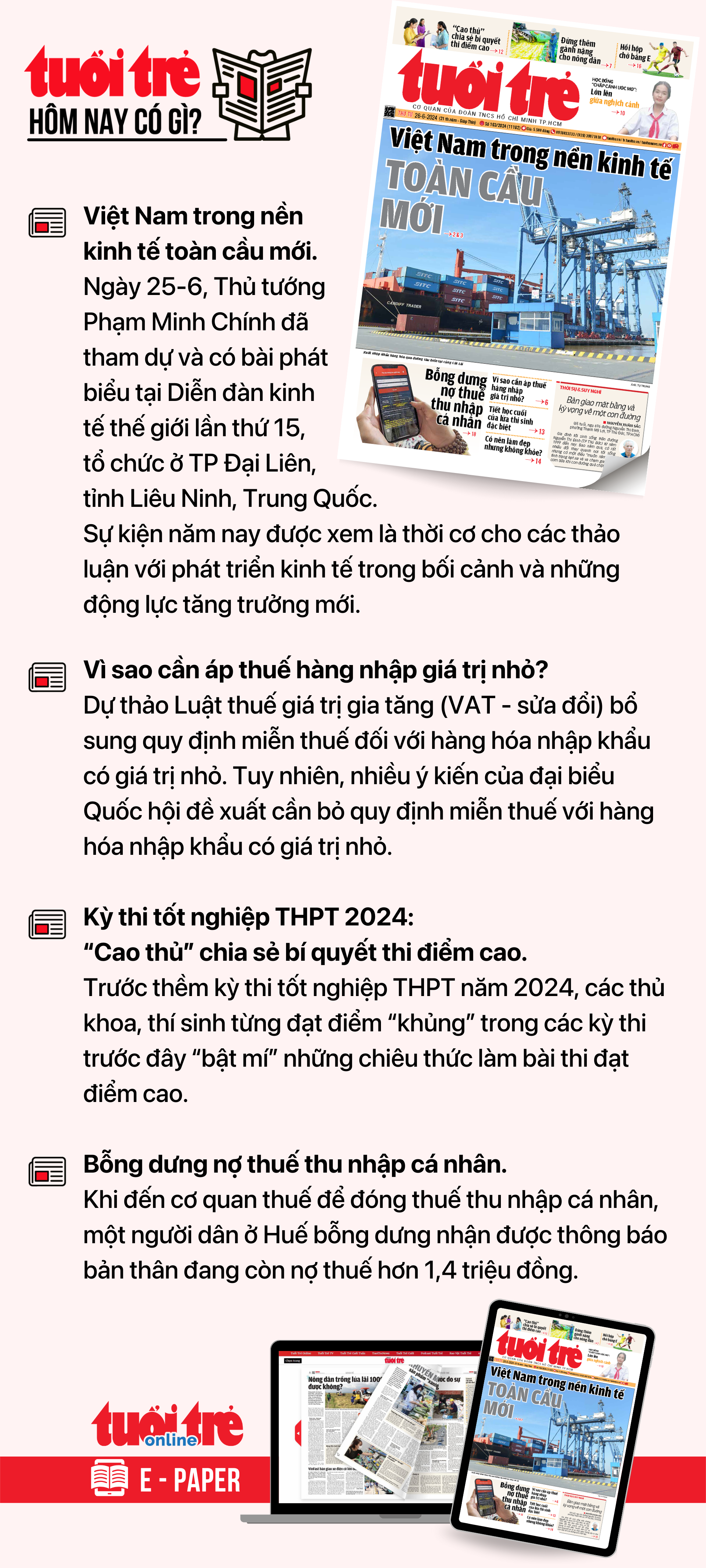 Tin tức chính trên Tuổi Trẻ nhật báo hôm nay 26-6. Để đọc Tuổi Trẻ báo in phiên bản E-paper, mời bạn đăng ký Tuổi Trẻ Sao TẠI ĐÂY