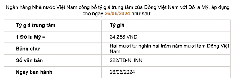 Tỷ giá trung tâm được Ngân hàng Nhà nước công bố. Ảnh chụp màn hình