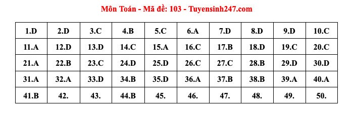 Đáp án tham khảo môn Toán thi tốt nghiệp THPT 2024