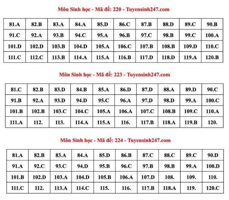 Đáp án tham khảo môn Sinh học tốt nghiệp THPT năm 2024 - mã đề 220, 223, 224 (tiếp tục cập nhật). Ảnh: Tuyensinh247  