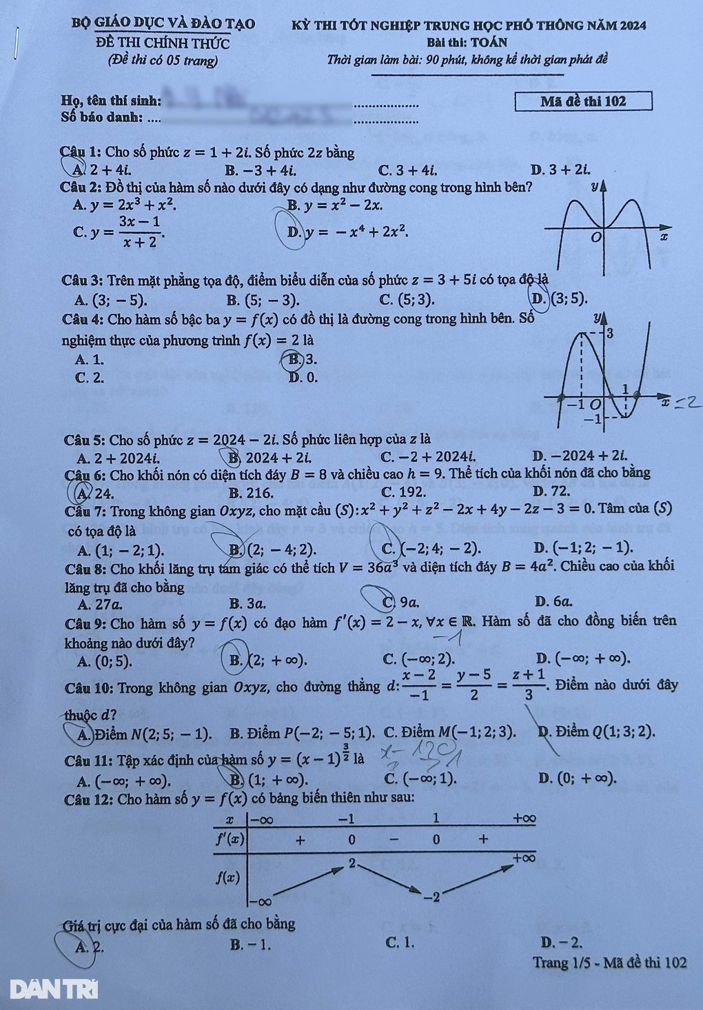 Chi tiết đề thi môn toán tốt nghiệp THPT năm 2024 - 1