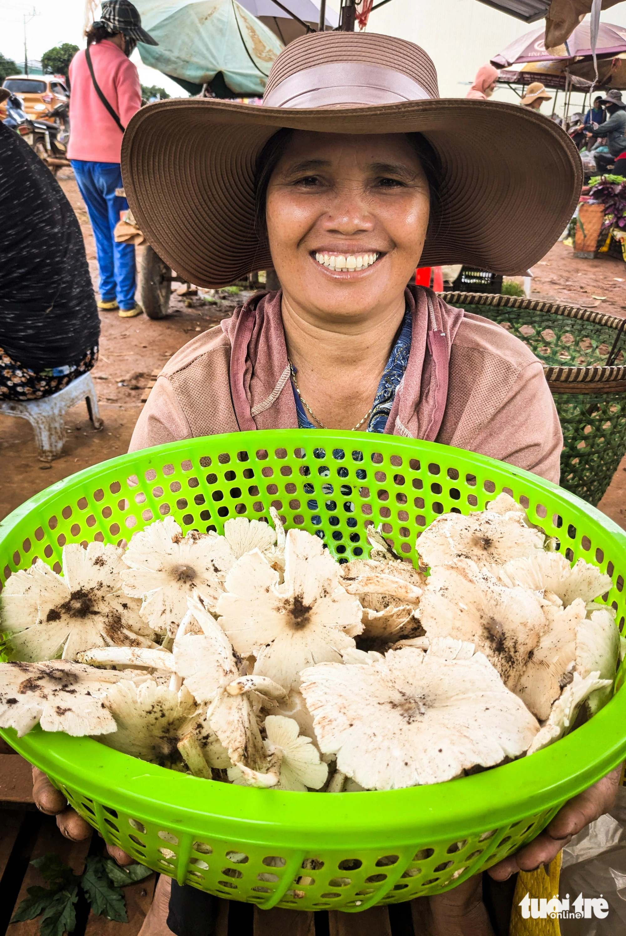 Rổ nấm mối đầu mùa mới hái trong vườn được mẹ Vút - người Jarai, tranh thủ đưa ra chợ tạm ven đường bán kiếm tiền đong gạo, mua thịt - Ảnh: TẤN LỰC 