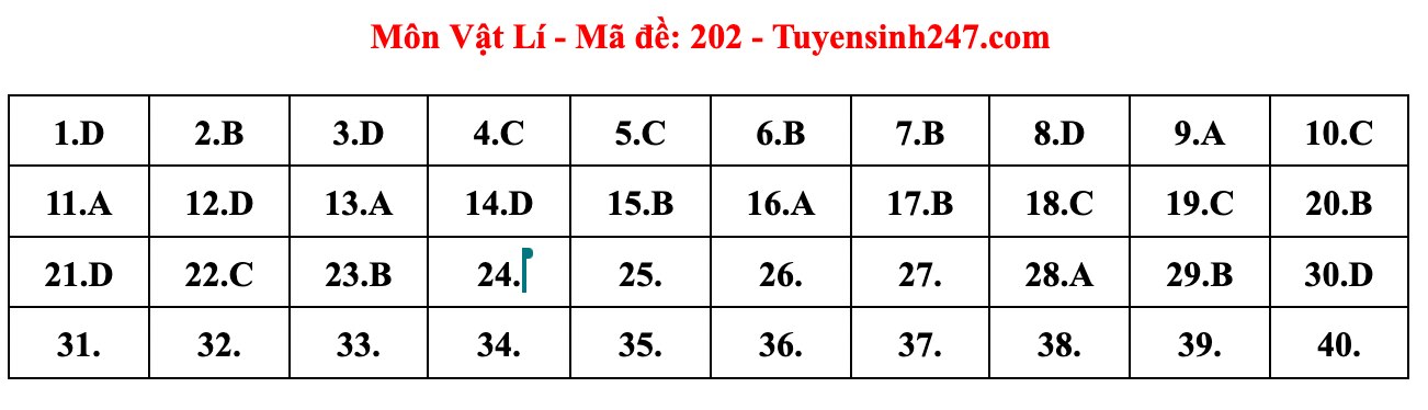 Đáp án môn Vật lý tốt nghiệp THPT 2024 full mã đề chuẩn nhất- Ảnh 1.