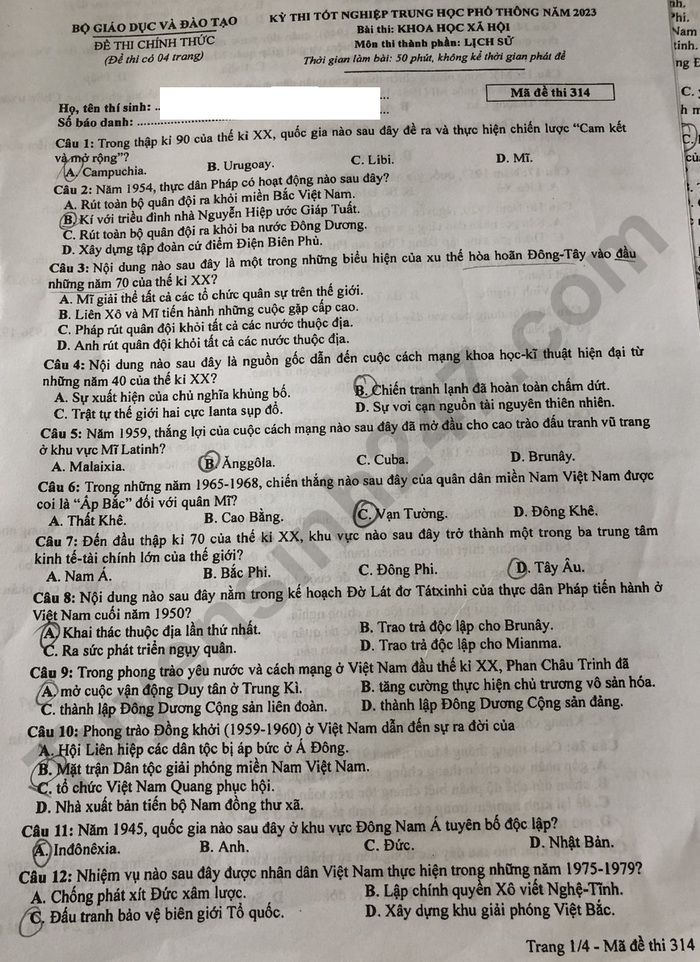 Đề thi môn Sử tốt nghiệp THPT 3 năm gần đây có đáp án- Ảnh 1.