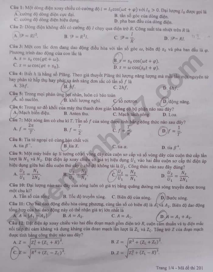 Đề thi môn Vật lý tốt nghiệp THPT 3 năm gần đây có đáp án full mã đề - Ảnh 1.