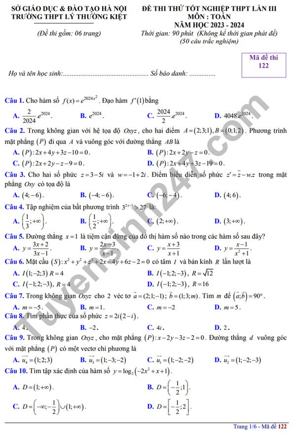 Đề thi thử tốt nghiệp THPT 2024 môn Toán có gợi ý đáp án của Hà Nội- Ảnh 1.