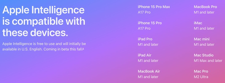 Đây là danh sách các thiết bị được hỗ trợ công nghệ Apple Intelligence theo công bố từ trang chủ của Apple. Nguồn: Apple.