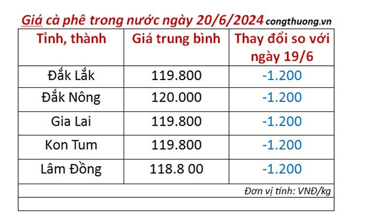 Giá cà phê hôm nay 20/6/2024: