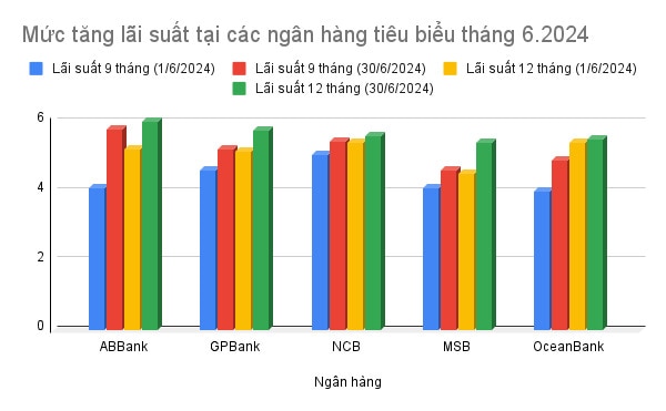 Mức tăng lãi suất tiêu biểu tại các ngân hàng tháng 6.2024. Đồ họa: Huyền Mai.