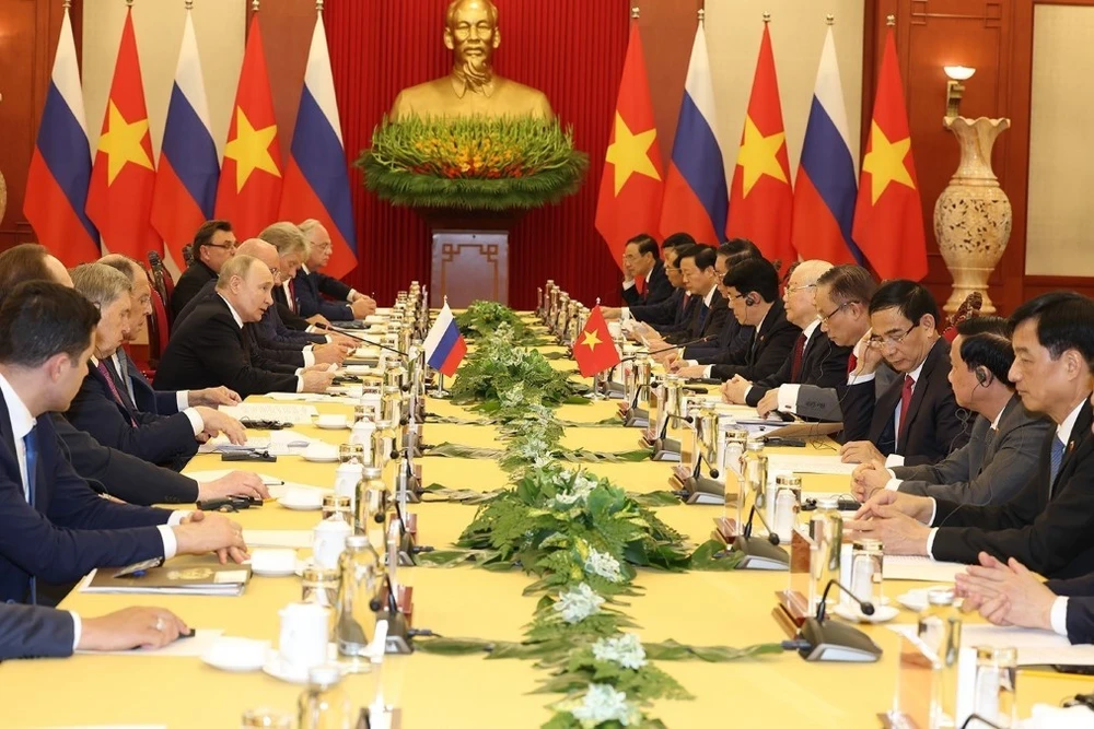 Tổng Bí thư Nguyễn Phú Trọng và Tổng thống Liên bang Nga Vladimir Putin hội đàm tại Trụ sở Trung ương Đảng, chiều 20/6/2024. Ảnh: Trí Dũng/TTXVN