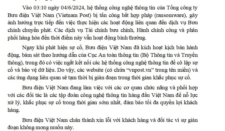 Tổng công ty Bưu điện Việt Nam lên tiếng về việc hệ thống bị tấn công mã hóa dữ liệu. Ảnh: Chụp màn hình