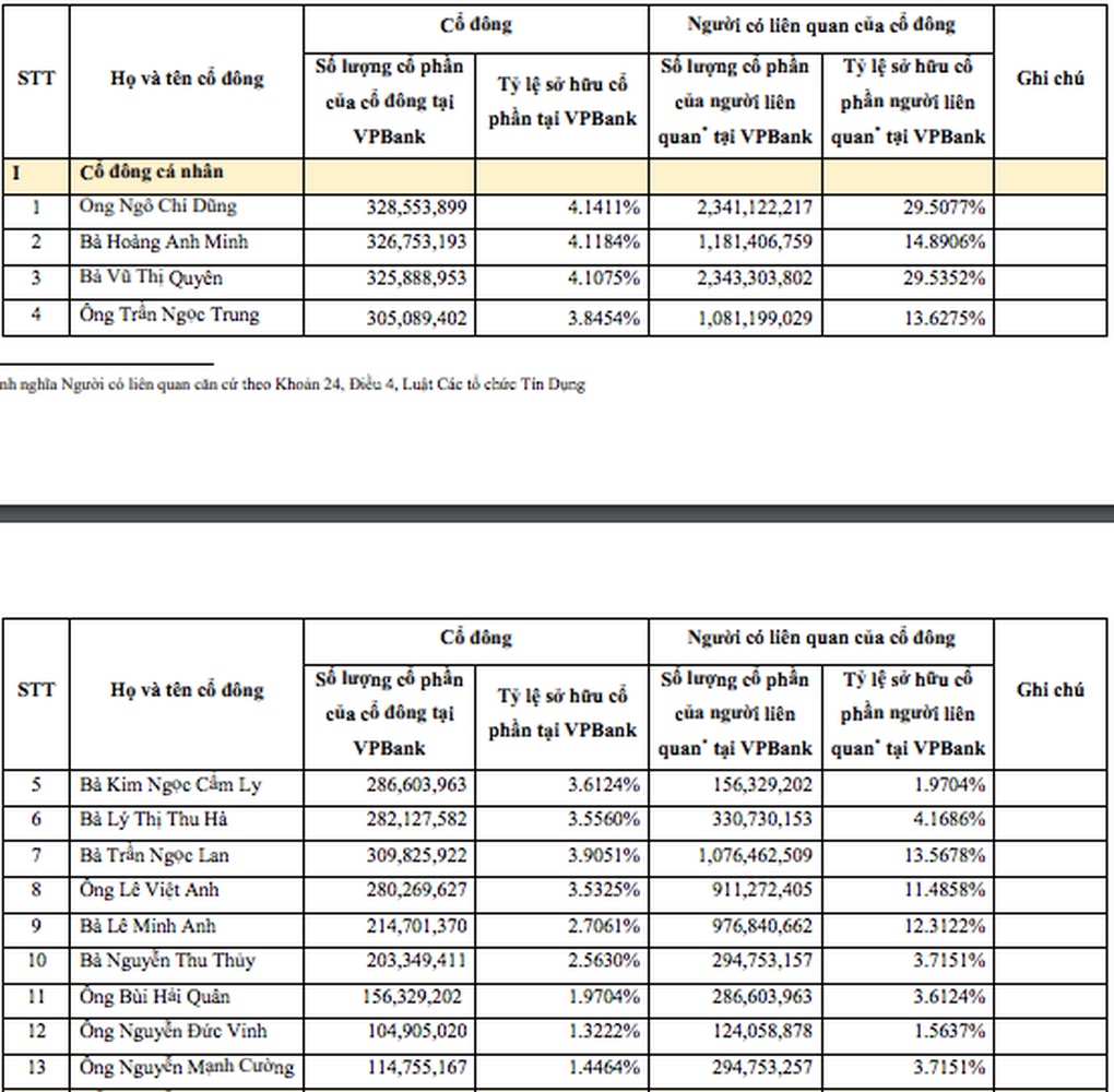 13 cá nhân sở hữu 40,8% cổ phần VPBank - 1